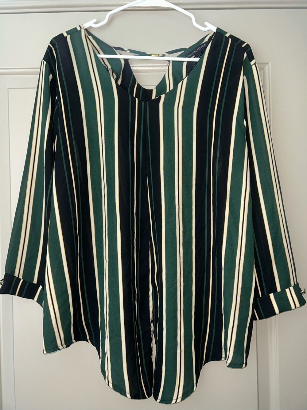 Signature Studio Green and Black Striped V-Neck Blouse